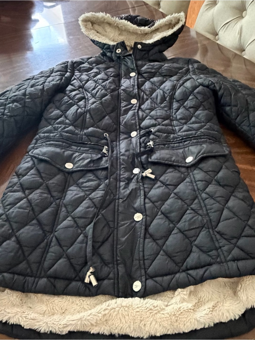 Madden Girl Black Quilted Hooded Puffer with Faux Fur Trim